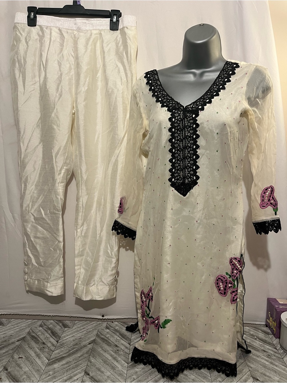 Cream Embroidered Harem Pajama Set with Black Lace Trim
